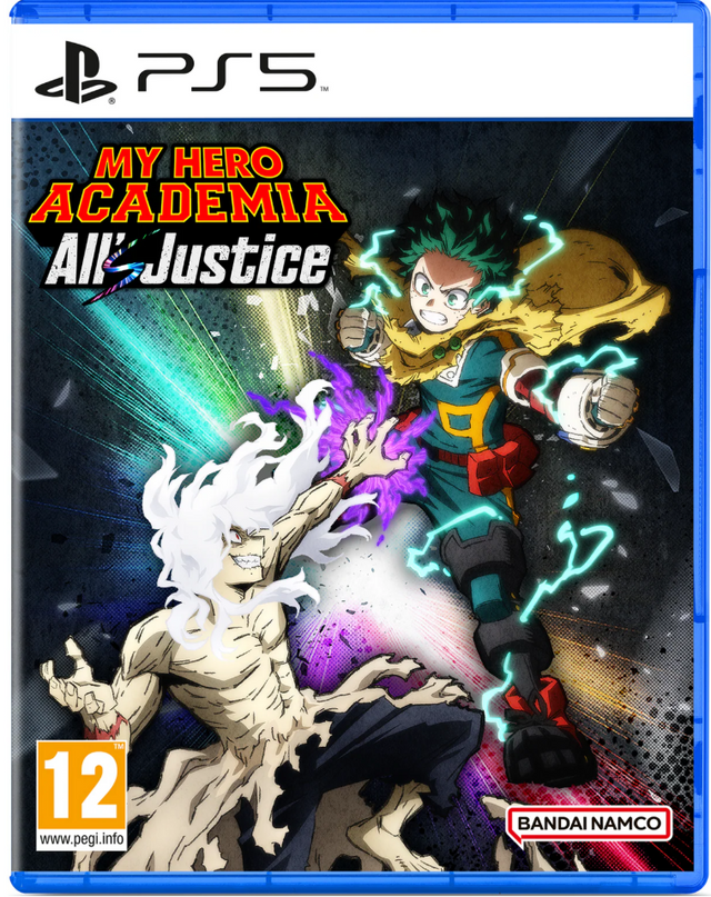 PlayStation 5 game disc cover for 'My Hero Academia: All Justice' with characters and branding.