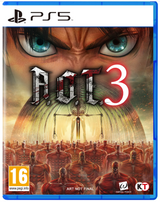 PS5 game case cover for Attack on Titan: Final 3, featuring a close-up of a Titan face with blue eyes, the game title across the center, many Titan figures in the foreground, a large yellow-orange glow, and PS5 branding at the top.