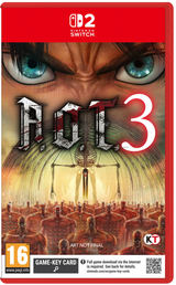 Nintendo Switch game case for 'Attacco al 3' featuring a red header with the Nintendo Switch logo, cover art of a close-up face with blue eyes, a skeletal figure, and rows of muscular figures at the bottom.