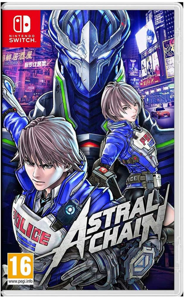 Game case for 'Astral Chain' on Nintendo Switch with characters and cityscape background