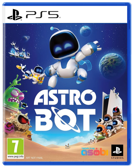 PlayStation 5 game disc cover for 'Astro Bot' featuring a robot and alien characters on a blue background.