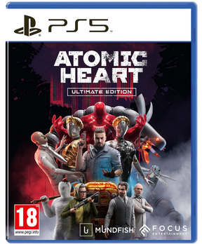 Game box for 'Atomic Heart Ultimate Edition' on PS5 with characters and design elements.