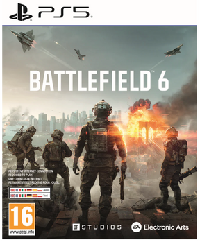 Game cover for 'Battlefield 6' with soldiers and explosions on a PS5 platform.