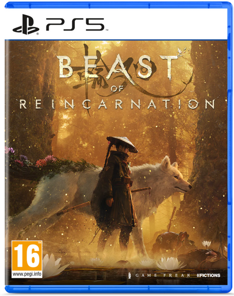 PS5 game case for Beast of Reincarnation, showing the PlayStation 5 branding at the top and a fantasy artwork of a cloaked figure walking beside a white wolf in a glowing golden forest. The case has a blue border and includes a PEGI 16 rating mark in the lower left.