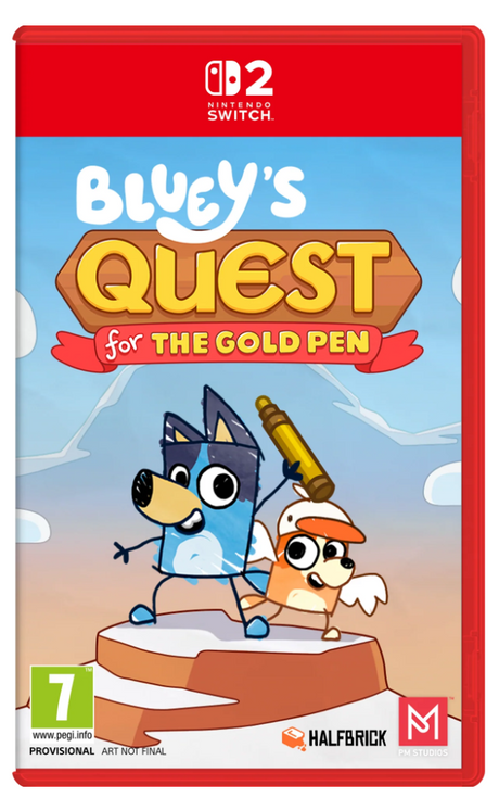 Nintendo Switch game cover of 'Bluey's Quest for the Gold Pen' with two cartoon characters on a red background.