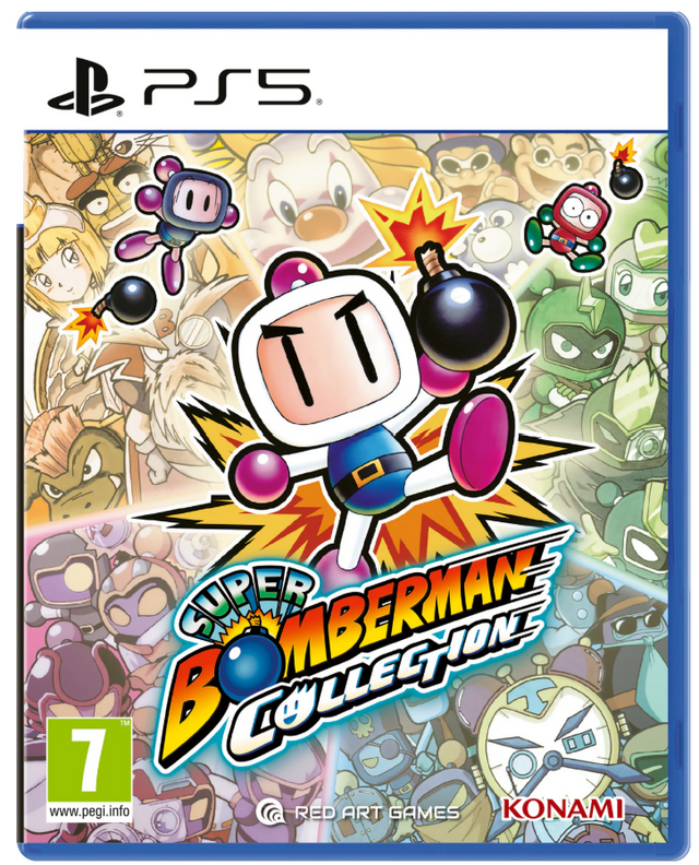 Super Bomberman Collection game cover for PS5 with colorful characters and Konami logo.