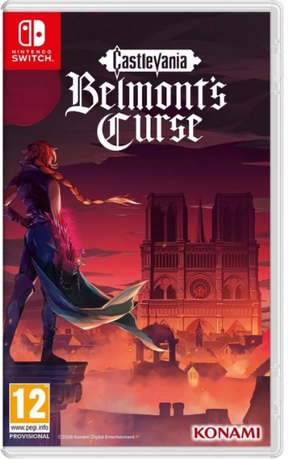 Nintendo Switch game case for Castlevania: Belmont's Curse, featuring illustrated cover art with a dark red sky, a castle silhouette, and the Nintendo Switch and Konami logos visible on the front.