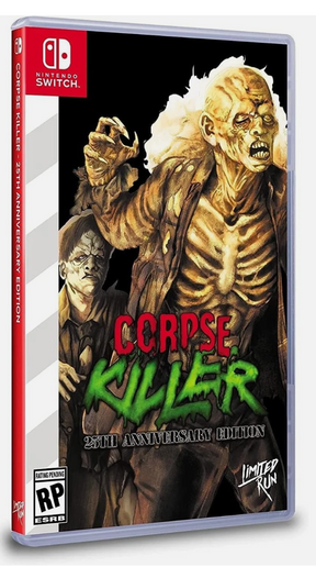Game box for 'Corpse Killer 25th Anniversary Edition' on Nintendo Switch with zombie graphics.