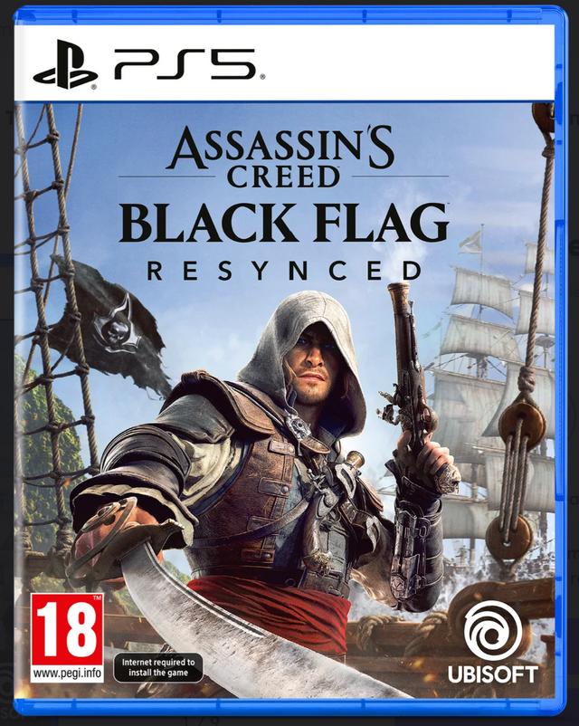 Assassin's Creed Black Flag Resynched game cover for PS5 with character holding a sword and gun, ship in background, Ubisoft logo.