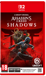 Assassin's Creed Shadows game packaging for Nintendo Switch with red background and character illustration.