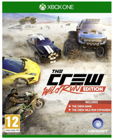 Game cover for 'The Crew Wild Run Edition' for Xbox One, featuring four vehicles on a dirt track.