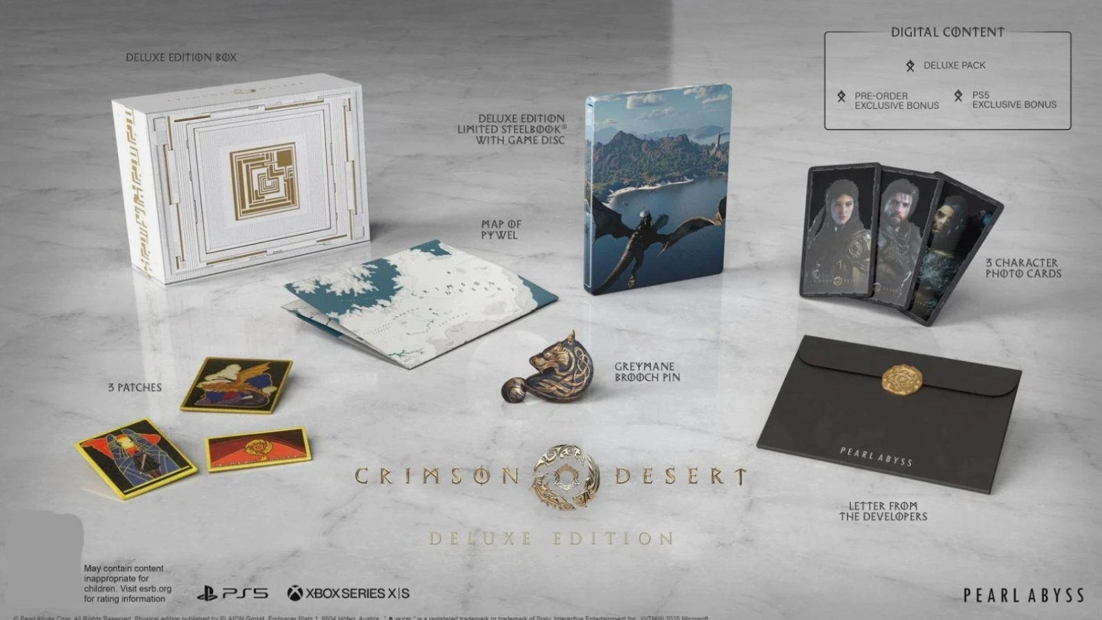 Deluxe edition of 'Crimson Desert' game collection with packaging, cards, and merchandise on a gray surface.