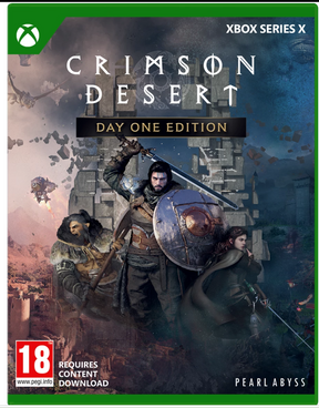 Game box for 'Crimson Desert' Day One Edition on Xbox Series X with characters and shield design.