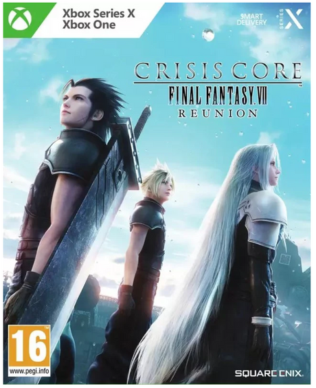 Front cover art for the video game Crisis Core: Final Fantasy VII Reunion, showing Cloud Strife, Sephiroth, and Lightning in a bright sky, with Xbox branding and PEGI 16 rating visible.