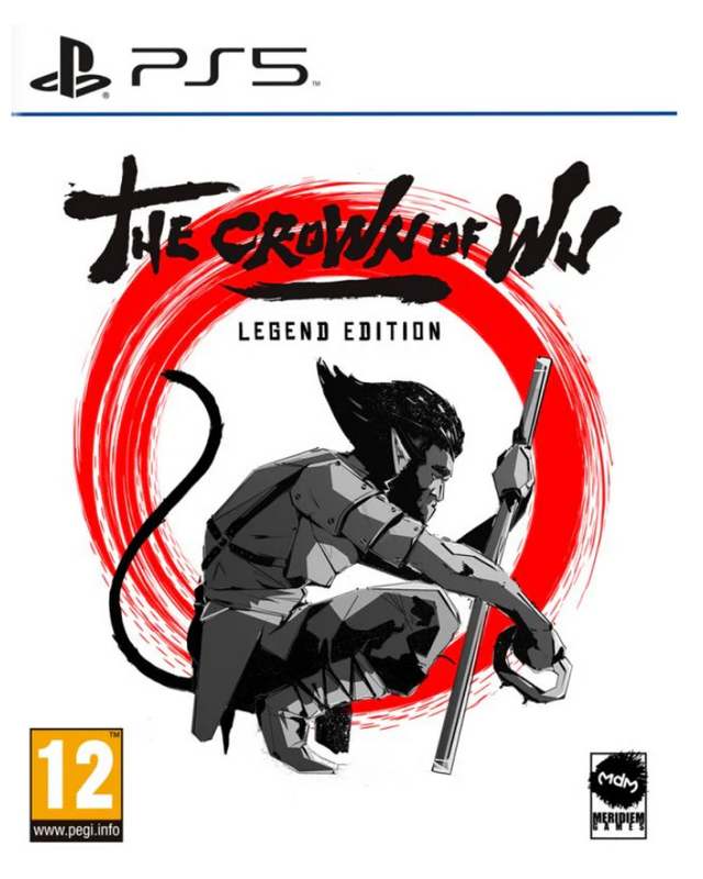 PS5 game cover for The Crown of Wild: Legend Edition, featuring a black and white illustrated warrior in front of a large red circular brushstroke on a white background, with PS5 branding, a PEGI 12 rating logo, and a Nicki Game Studios logo.