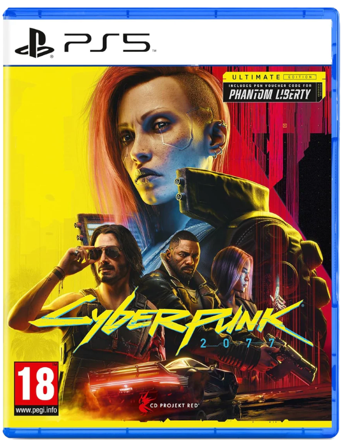 PS5 Cyberpunk 2077 Ultimate Edition game case, featuring the PlayStation 5 PS5 branding and the game's colorful cover art with a bright yellow and red gradient background.