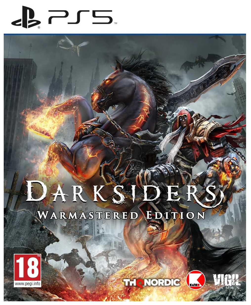 Front cover art for the PlayStation 5 game Darksiders Warmastered Edition, featuring a dark armored warrior with a flaming horse against a smoky city backdrop. Visible logos include PS5 at the top, PEGI 18 at bottom left, TH Nordic, Red Light, and Vigil at the bottom.