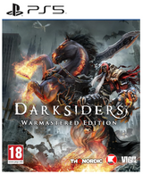 Front cover art for the PlayStation 5 game Darksiders Warmastered Edition, featuring a dark armored warrior with a flaming horse against a smoky city backdrop. Visible logos include PS5 at the top, PEGI 18 at bottom left, TH Nordic, Red Light, and Vigil at the bottom.