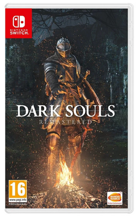 Nintendo Switch game console with 'Dark Souls Remastered' packaging featuring a warrior by a campfire.