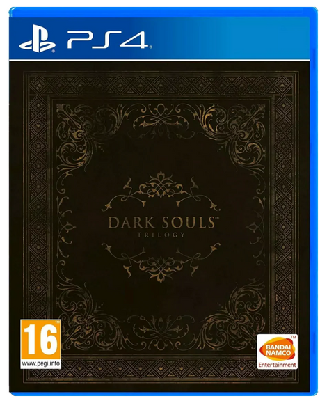 PlayStation 4 game case for 'Dark Souls Trilogy' with decorative elements and branding.