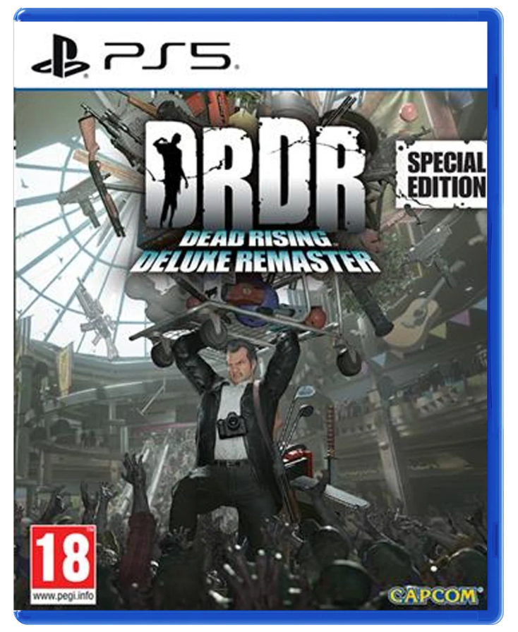 PS5 game cover for DRDR: Dead Rising Deluxe Remaster Special Edition, featuring artwork of a man holding a guitar above a crowd in a chaotic indoor setting, with PS5 branding, a red 18 rating logo, and the Capcom logo.