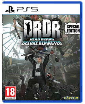 PS5 game cover for DRDR: Dead Rising Deluxe Remaster Special Edition, featuring artwork of a man holding a guitar above a crowd in a chaotic indoor setting, with PS5 branding, a red 18 rating logo, and the Capcom logo.