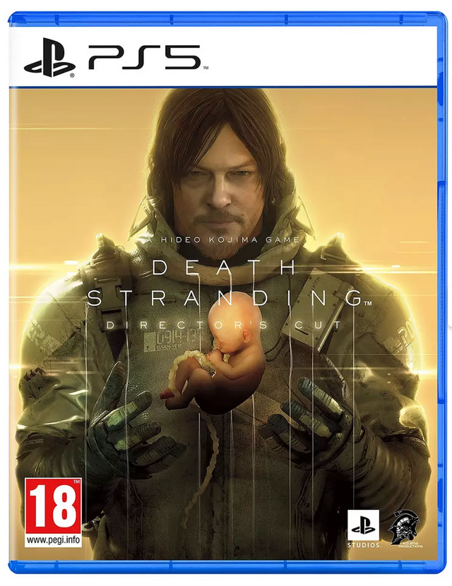 Game cover for 'Death Stranding' Director's Cut on PS5 with a character holding a creature.