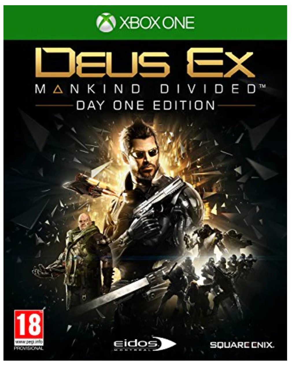 Game cover of 'Deus Ex: Mankind Divided' for Xbox One with a dramatic scene and character.