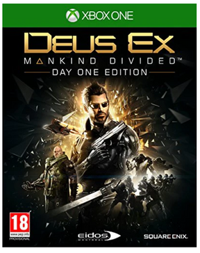 Game cover of 'Deus Ex: Mankind Divided' for Xbox One with a dramatic scene and character.