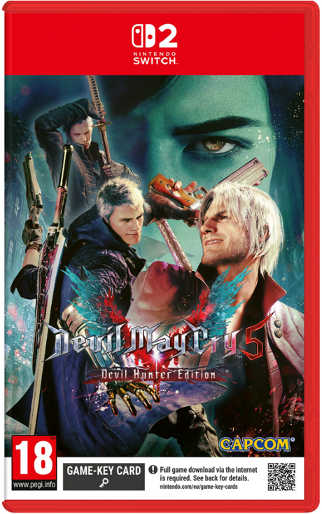 Nintendo Switch game case for Devil May Cry 5: Devil Hunter Edition, featuring character artwork of Dante, Vergil, and Cid with a red border and Nintendo Switch branding at the top.