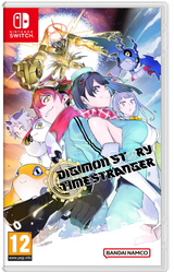 Nintendo Switch game case cover for Digimon Story: Time Stranger, featuring colorful anime-style characters and Digimon on a white background with the Nintendo Switch logo, PEGI 12 rating, and Bandai Namco branding.