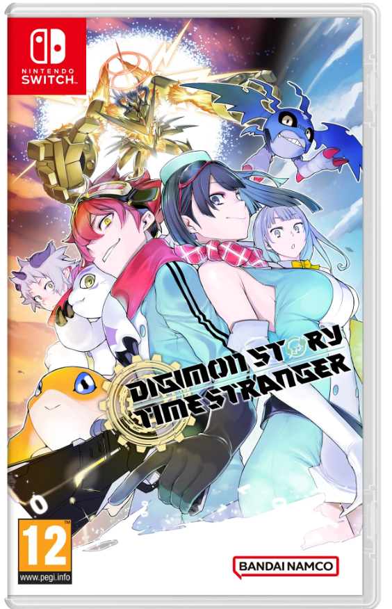 Nintendo Switch game case cover for Digimon Story: Time Stranger, featuring colorful anime-style characters and Digimon on a white background with the Nintendo Switch logo, PEGI 12 rating, and Bandai Namco branding.