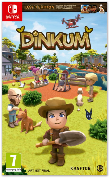 Game cover of 'Dinkum' for Nintendo Switch with characters and a playground scene.