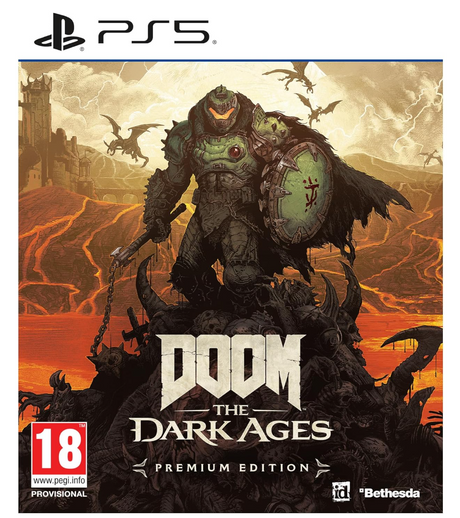Game cover for 'Doom: The Dark Ages' on PS5 with a menacing character and fiery background.