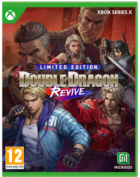 Game box for 'Double Dragon Revive' on Xbox Series X with character illustrations and branding.