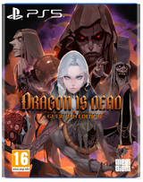 PS5 game case cover for Dragon Is Dead: Guernian Edition, featuring illustrated fantasy characters and the PlayStation branding at the top.