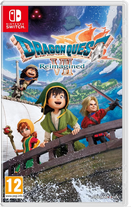 Game box for 'Dragon Quest VII Reimagined' on Nintendo Switch with characters on a bridge and mountain background.