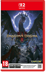 Nintendo Switch game case for Dragon's Dogma: Dark Arisen II, featuring artwork of a dragon and armored characters in a snowy arena, with Nintendo Switch branding and Capcom logo on the red case.