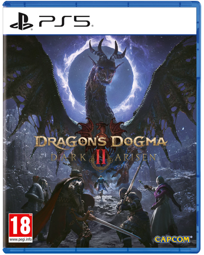 PS5 game case cover for Dragon's Dogma II: Dark Arts Arena, featuring a large dragon behind a glowing ring, armored warriors in the foreground, and PS5 and Capcom branding.