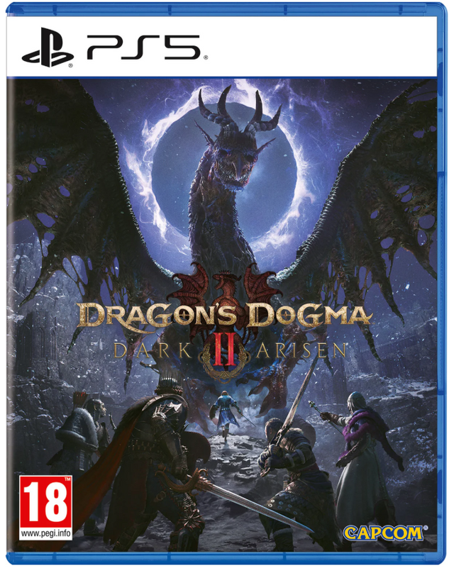 PS5 game case cover for Dragon's Dogma II: Dark Arts Arena, featuring a large dragon behind a glowing ring, armored warriors in the foreground, and PS5 and Capcom branding.