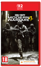 Nintendo Switch game case for Call of Duty: Modern Warfare II, showing three soldiers running forward in a dark urban setting. The case has a red border with Nintendo Switch branding at the top, a PEGI 18 rating at bottom left, and an Activision logo at bottom right.
