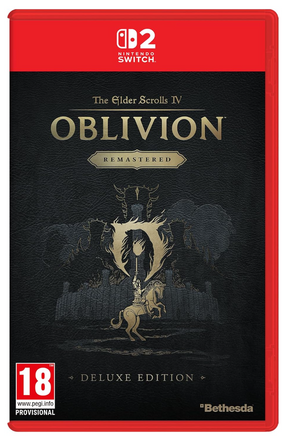 Nintendo Switch game case for The Elder Scrolls IV: Oblivion Remastered Deluxe Edition, featuring a black textured cover with gold lettering and artwork, a red Nintendo Switch banner at the top, and an 18 rating badge at the bottom left.