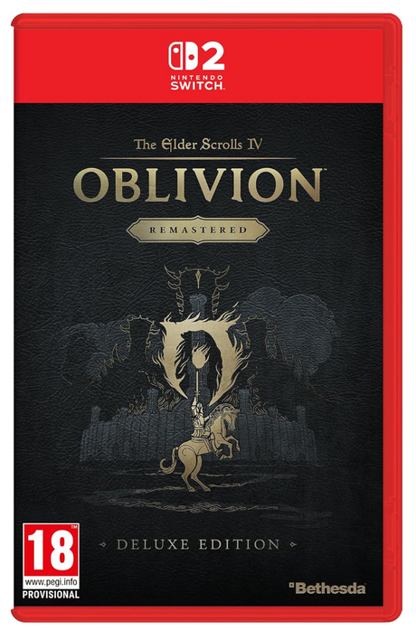 Nintendo Switch game case for The Elder Scrolls IV: Oblivion Remastered Deluxe Edition, featuring a black textured cover with gold lettering and artwork, a red Nintendo Switch banner at the top, and an 18 rating badge at the bottom left.