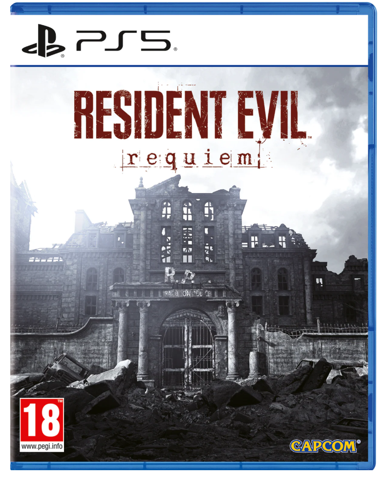 PlayStation 5 game case for 'Resident Evil Requiem' with a destroyed building in the background.