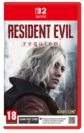 Game case for 'Resident Evil Requiem' on Nintendo Switch with a character's face and Capcom logo.