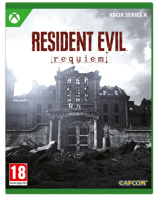 Game box for 'Resident Evil Requiem' on Xbox Series X with a haunted house and rubble design.