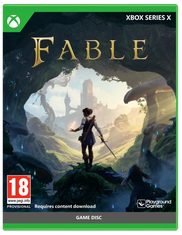 Front cover art for the Xbox Series X game Fable, showing a fantasy scene with a character standing in a glowing forest opening, large mushrooms, and the title 'FABLE' in gold. Visible branding includes Xbox and Playground Games.
