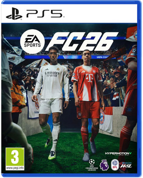 PlayStation 5 game case for EA Sports FC 26 featuring two soccer players on a stadium background.