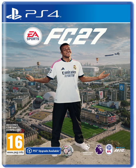 PS4 video game cover for EA Sports FC 27, featuring a soccer player in a Real Madrid jersey standing in front of a cityscape, with PS4 branding and age rating logos.