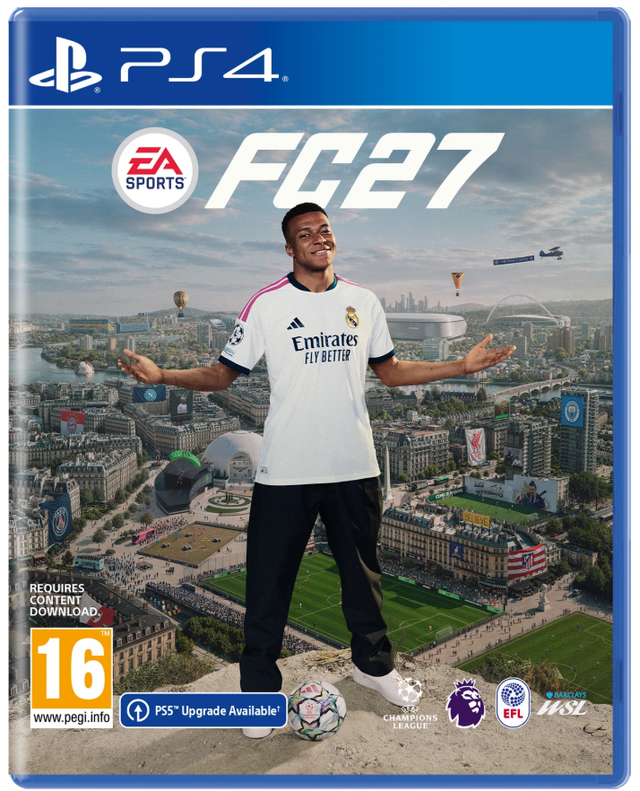 PS4 video game cover for EA Sports FC 27, featuring a soccer player in a Real Madrid jersey standing in front of a cityscape, with PS4 branding and age rating logos.
